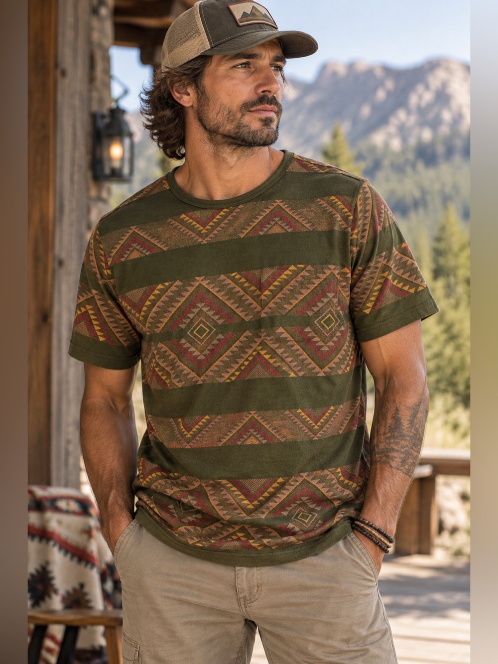EUC Roark Geometric Aztec Print Organic Cotton T-Shirt